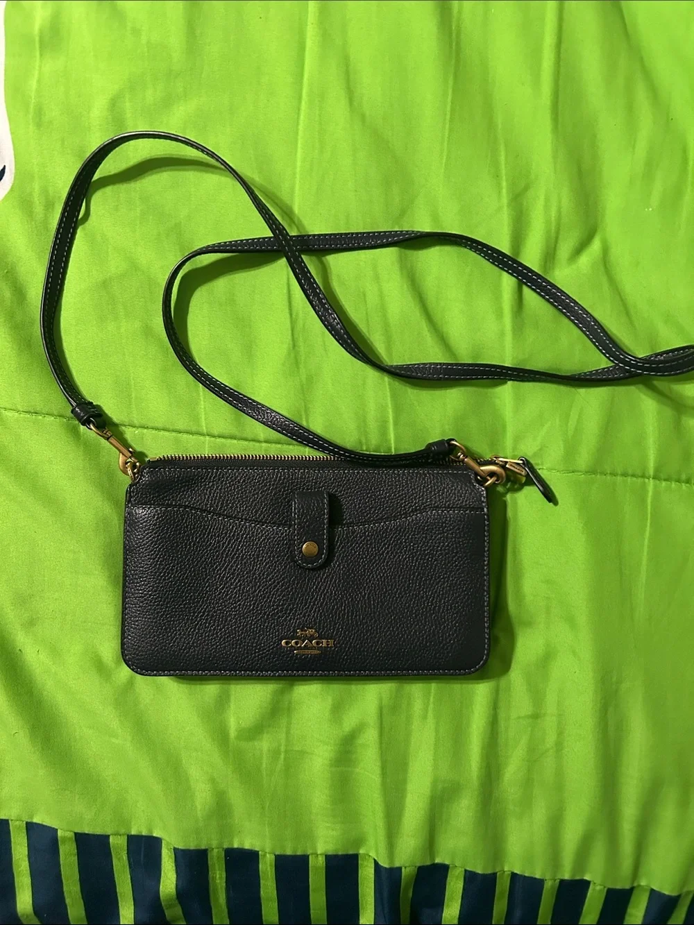 Coach Black Pebbled Leather Crossbody Wallet with Gold Hardware